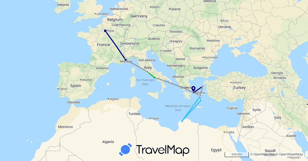 TravelMap itinerary: driving, bus, plane, boat in France, Greece, Italy (Europe)